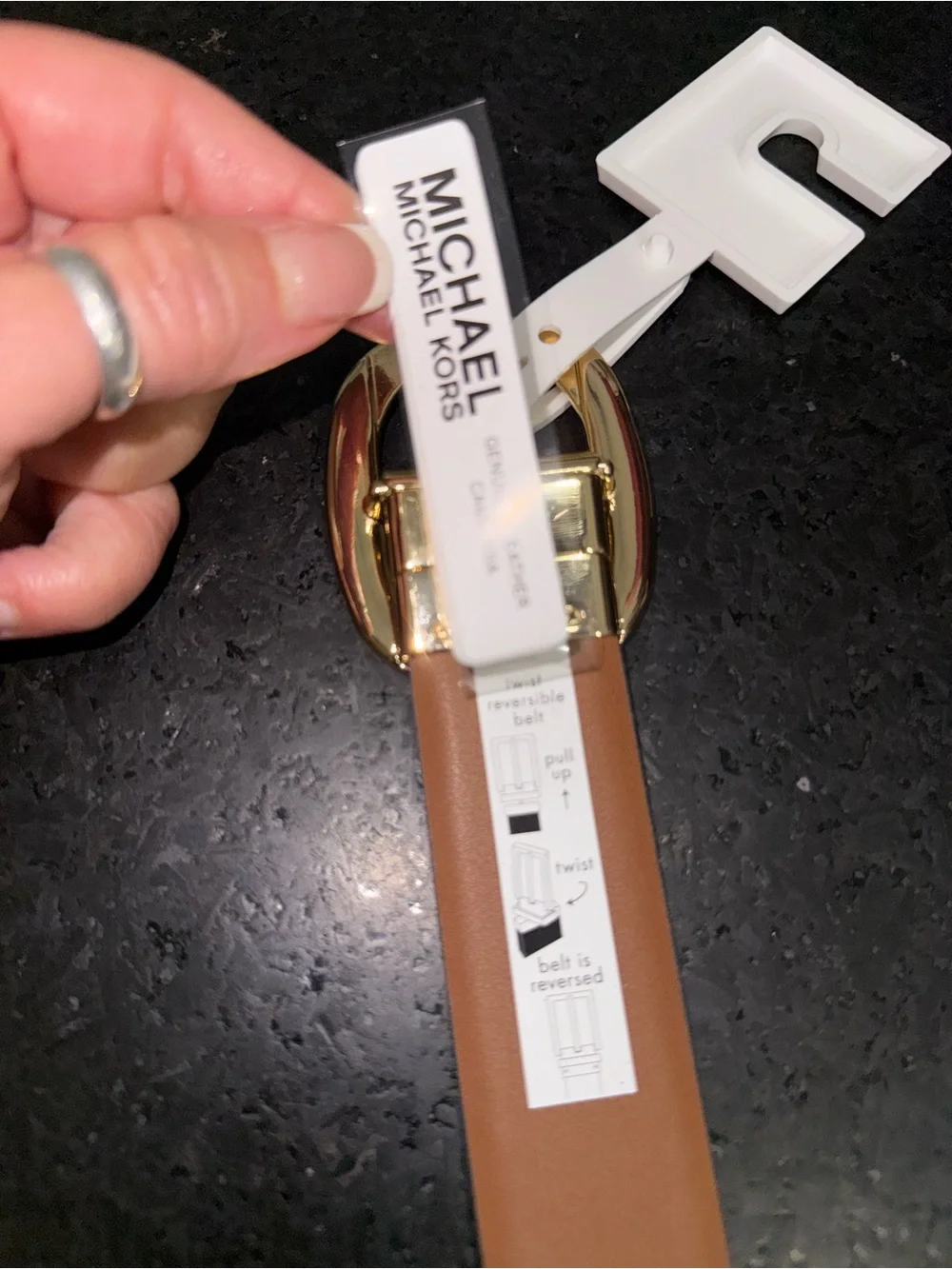 NEW Michael Kors REVERSIBLE Beige Logo & Cognac Brown Belt Gold Oval Buckle SZ M